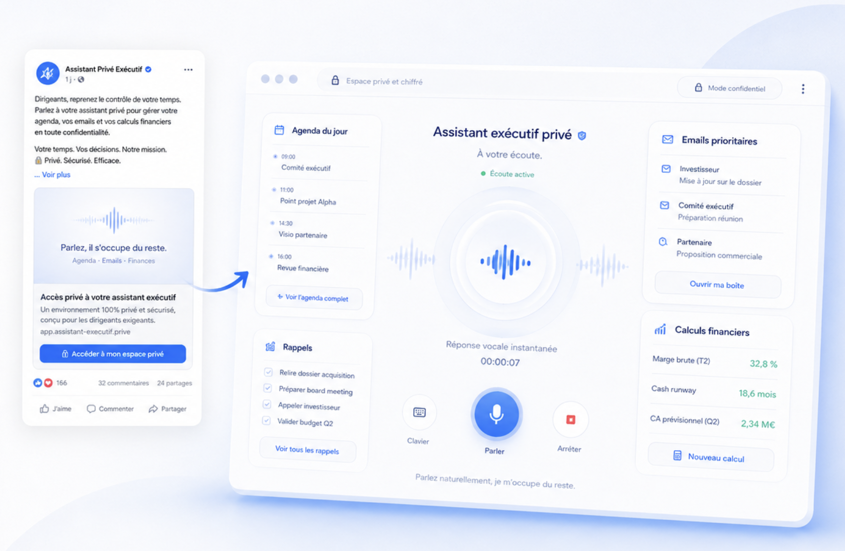 Assistant vocal executif prive avec agenda, emails prioritaires et calculs financiers