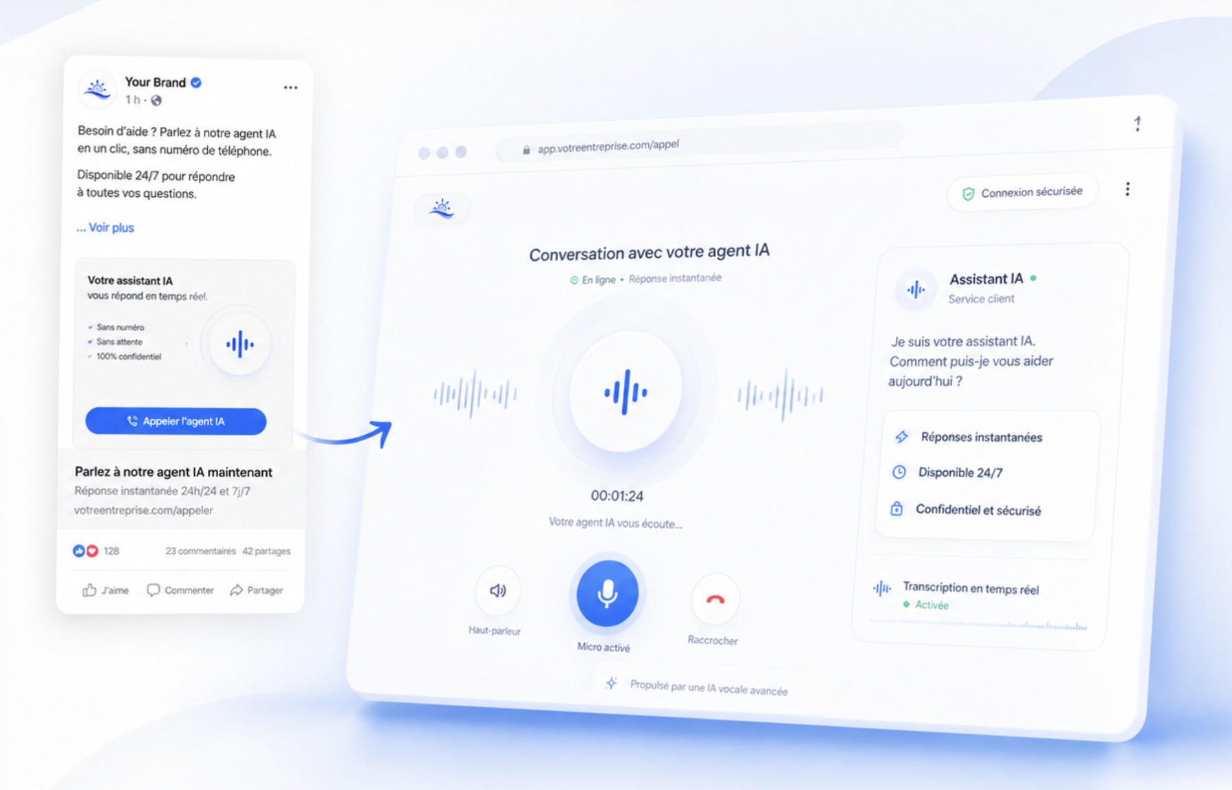 Web Call Agent sans numero, appel IA en un clic avec transcription et interface client